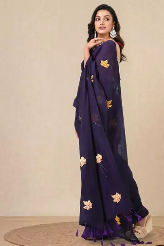 Violet leaf motifs cotton blend soft saree