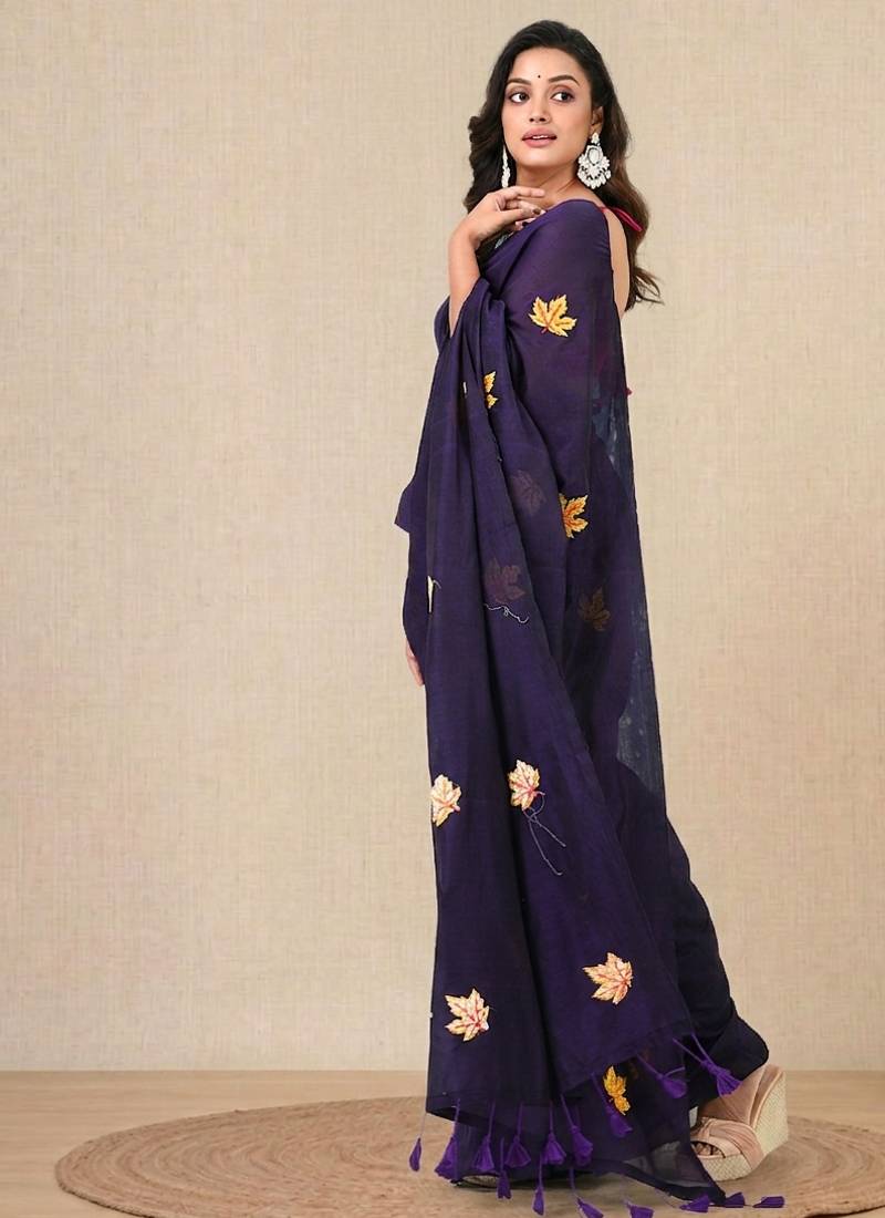 Violet leaf motifs cotton blend soft saree