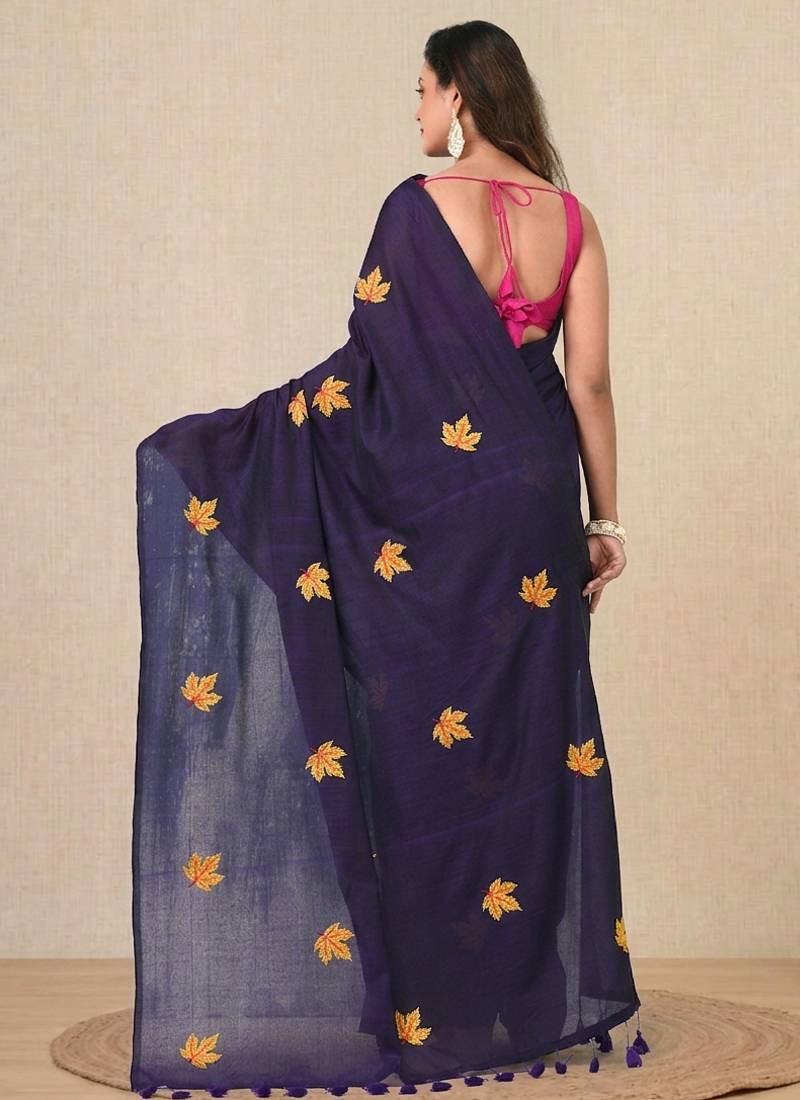 Violet leaf motifs cotton blend soft saree