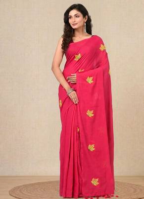 pink leaf motifs cotton blend soft saree 1