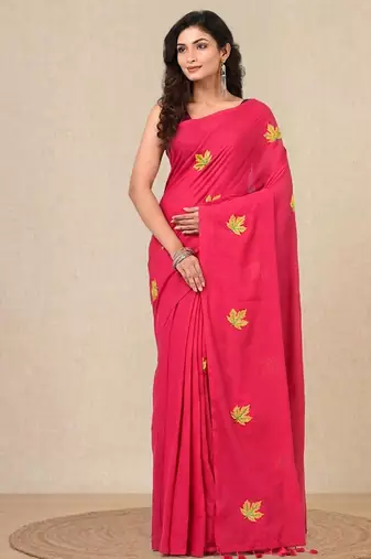 pink leaf motifs cotton blend soft saree