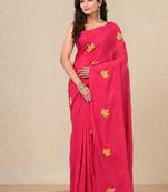 pink leaf motifs cotton blend soft saree