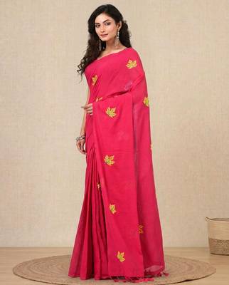 pink leaf motifs cotton blend soft saree 2