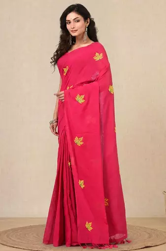 pink leaf motifs cotton blend soft saree