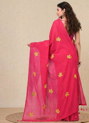 pink leaf motifs cotton blend soft saree 3