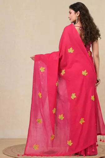 pink leaf motifs cotton blend soft saree