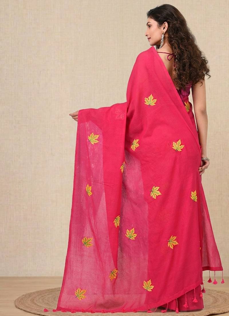pink leaf motifs cotton blend soft saree