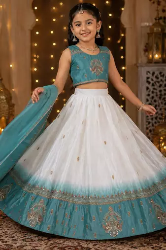 Girls white & sky blue peding silk chaniya choli for wedding