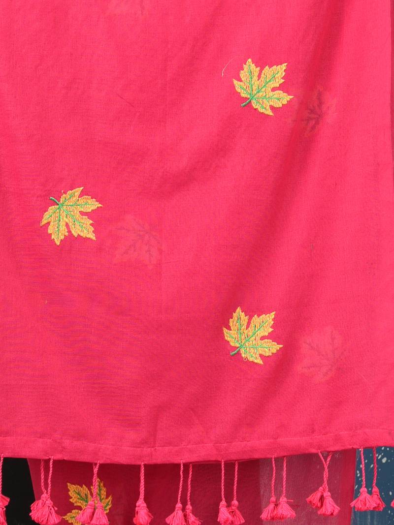 pink leaf motifs cotton blend soft saree
