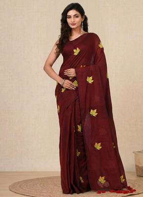 maroon leaf motifs cotton blend soft saree 1