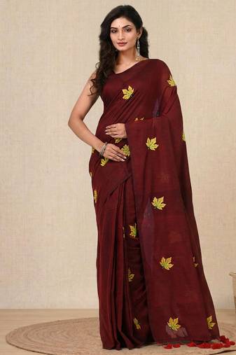 maroon leaf motifs cotton blend soft saree