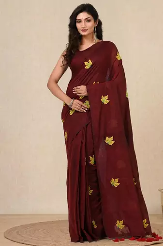 maroon leaf motifs cotton blend soft saree