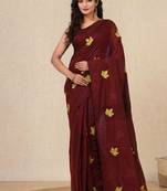 maroon leaf motifs cotton blend soft saree