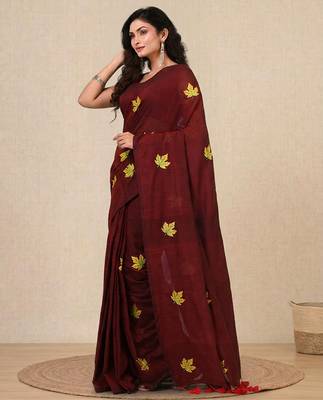maroon leaf motifs cotton blend soft saree 2
