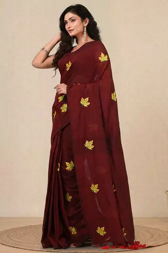maroon leaf motifs cotton blend soft saree
