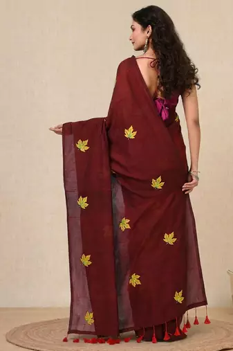 maroon leaf motifs cotton blend soft saree