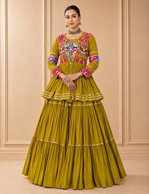 Mustard Cotton Gamthi Work Lehenga Choli with Koti 1