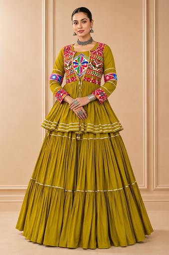 Mustard Cotton Gamthi Work Lehenga Choli with Koti