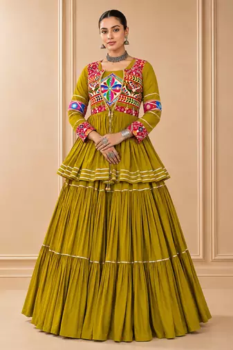 Mustard Cotton Gamthi Work Lehenga Choli with Koti