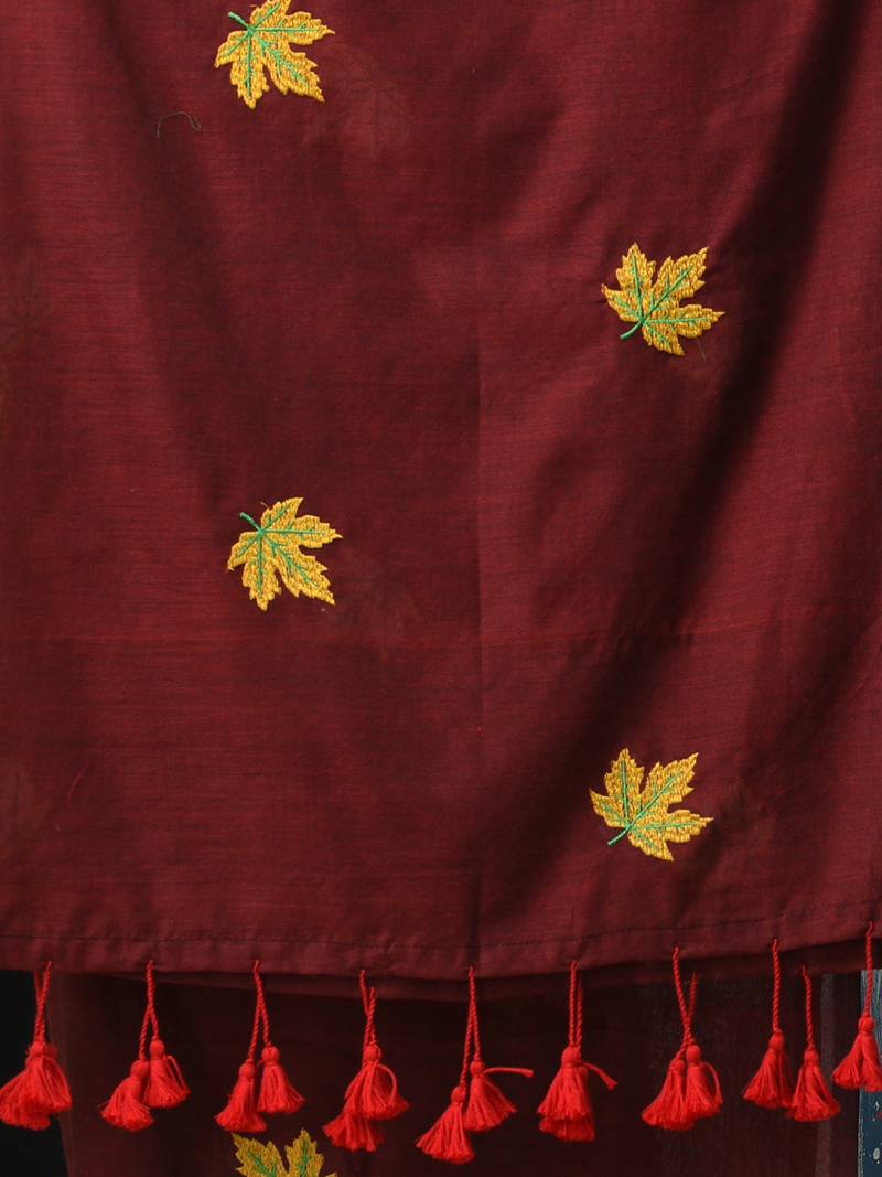 maroon leaf motifs cotton blend soft saree