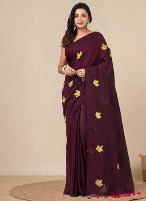 burgundy leaf motifs cotton blend soft saree 1
