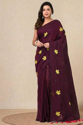 burgundy leaf motifs cotton blend soft saree