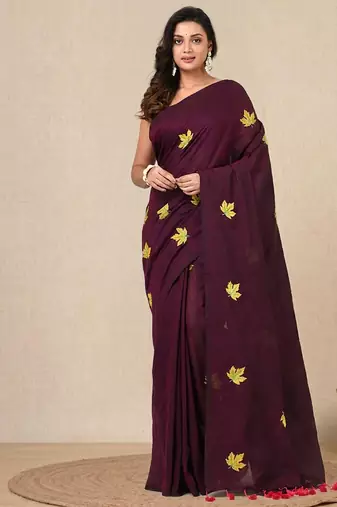 burgundy leaf motifs cotton blend soft saree