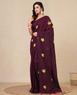 burgundy leaf motifs cotton blend soft saree 2