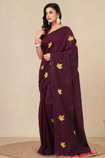 burgundy leaf motifs cotton blend soft saree