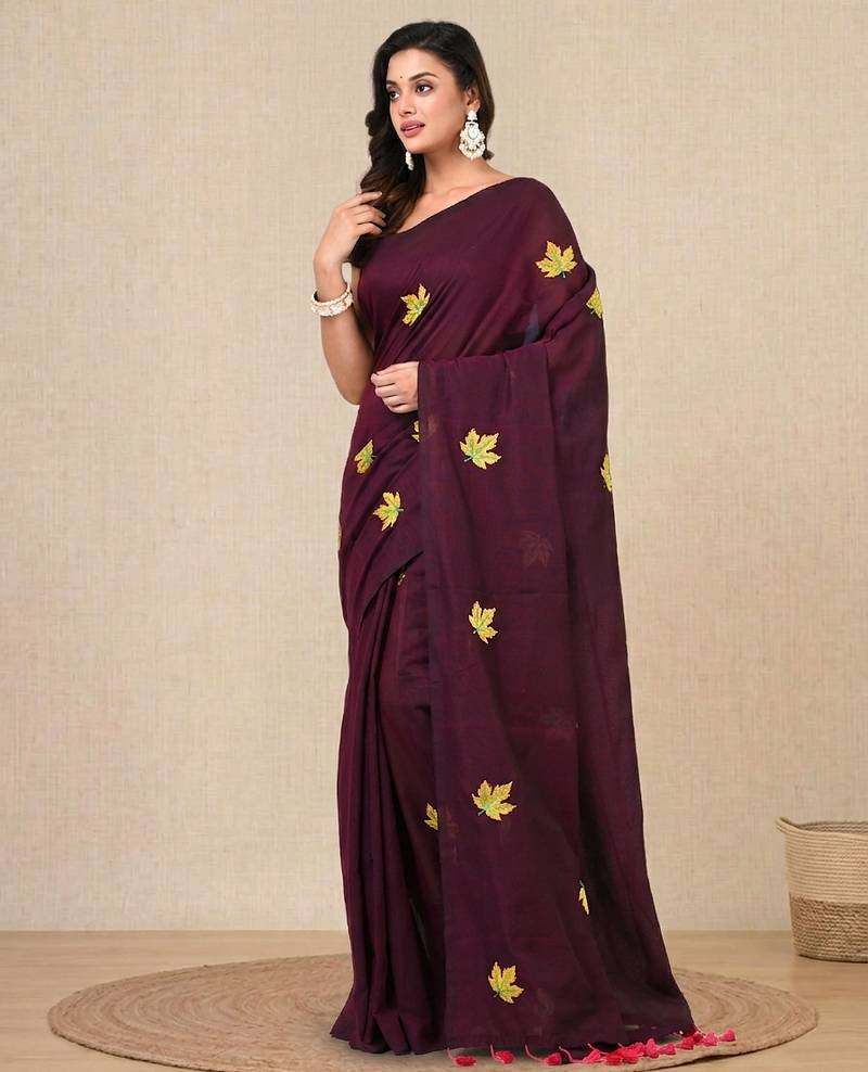 burgundy leaf motifs cotton blend soft saree