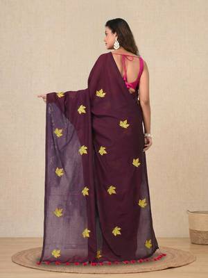 burgundy leaf motifs cotton blend soft saree 3