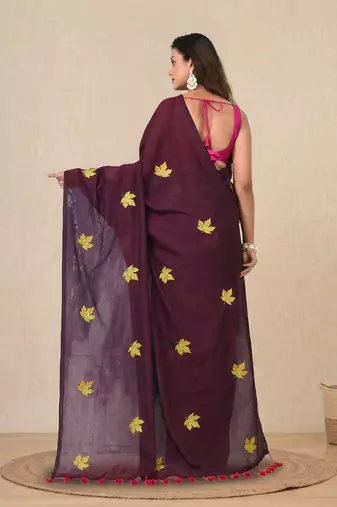 burgundy leaf motifs cotton blend soft saree