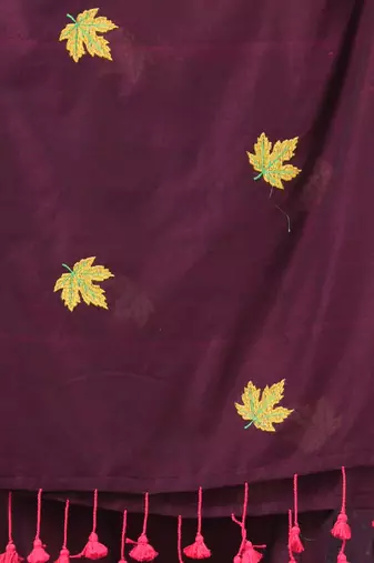 burgundy leaf motifs cotton blend soft saree