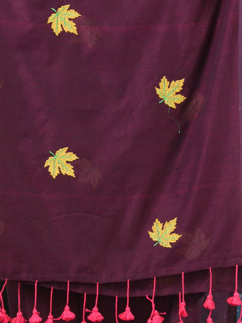 burgundy leaf motifs cotton blend soft saree