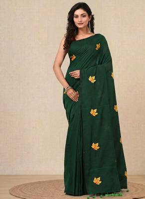 green leaf motifs cotton blend soft saree 1