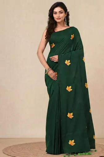 green leaf motifs cotton blend soft saree