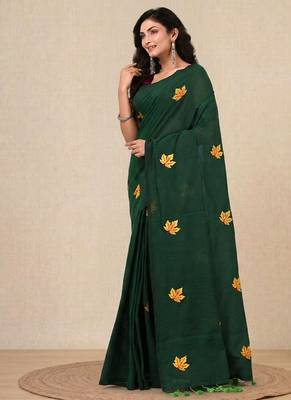 green leaf motifs cotton blend soft saree 2
