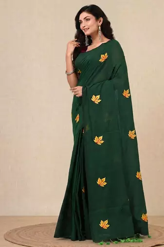 green leaf motifs cotton blend soft saree