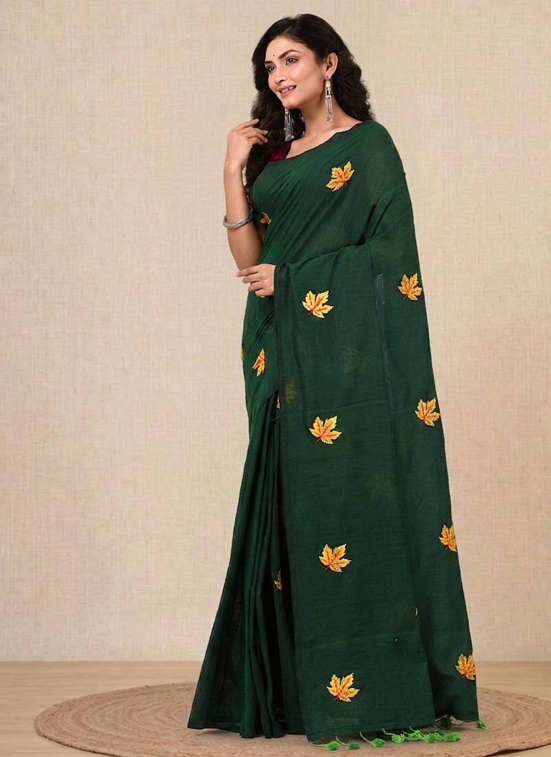 green leaf motifs cotton blend soft saree