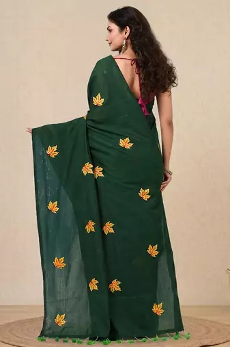 green leaf motifs cotton blend soft saree