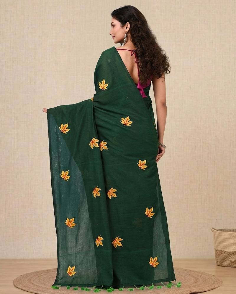 green leaf motifs cotton blend soft saree