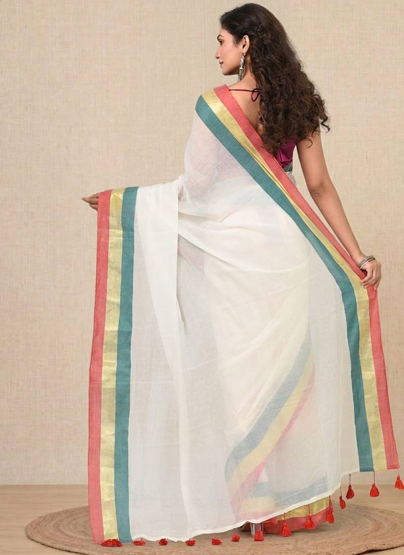 off white solid mulmul soft saree