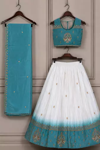 Girls white & sky blue peding silk chaniya choli for wedding