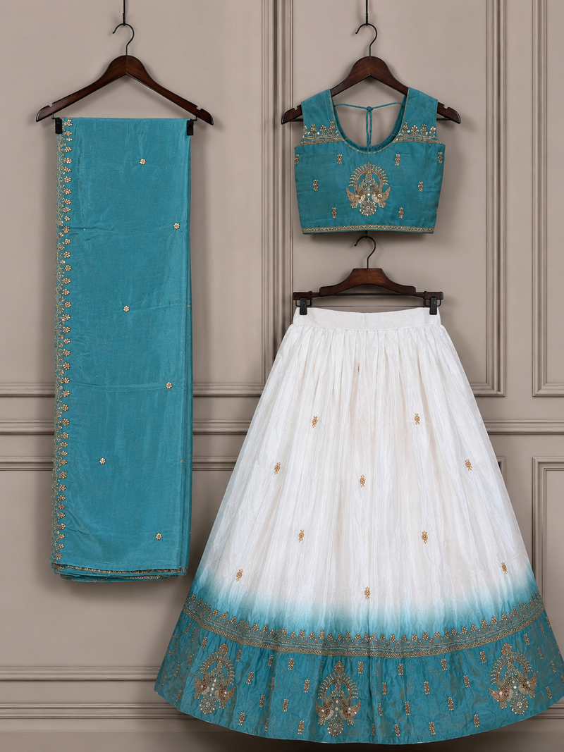 Girls white & sky blue peding silk chaniya choli for wedding