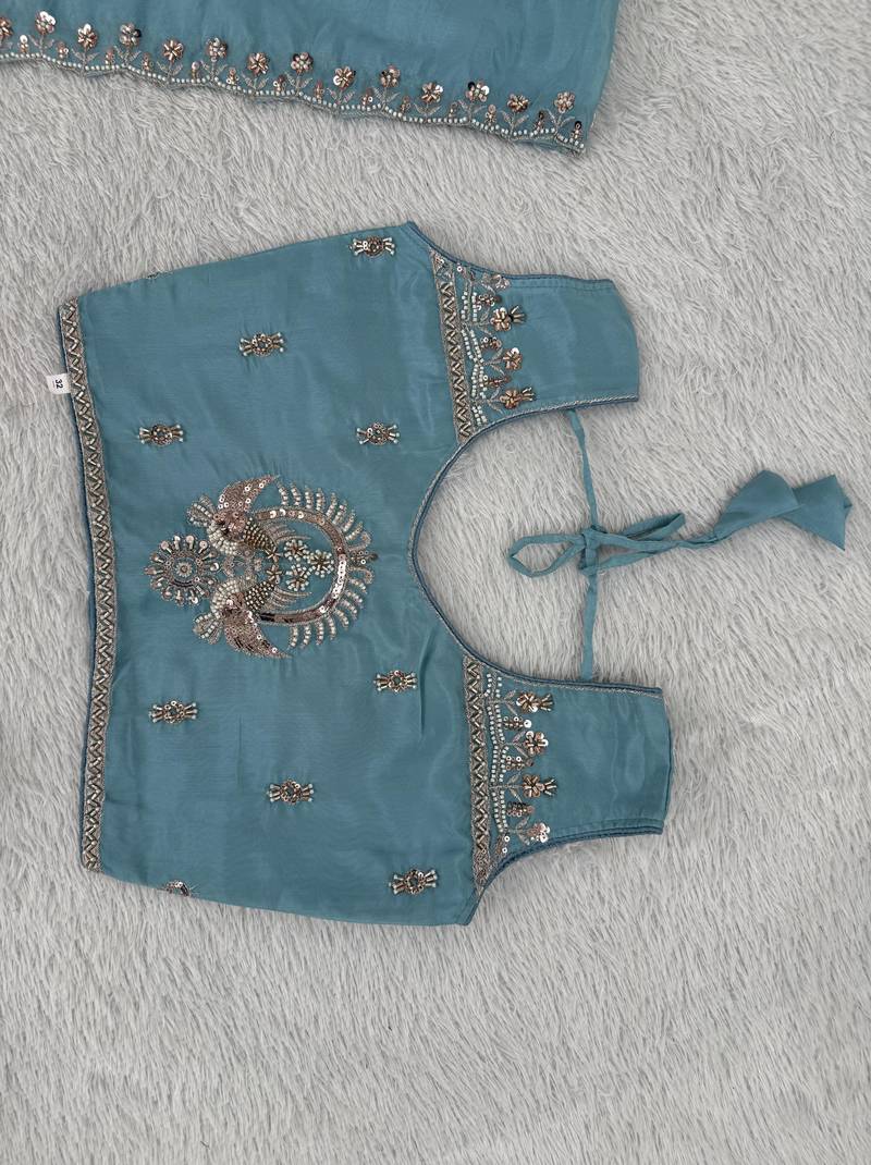 Girls white & sky blue peding silk chaniya choli for wedding