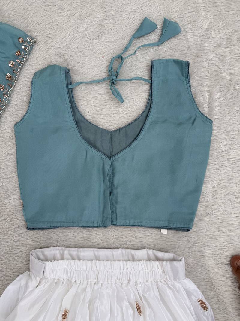 Girls white & sky blue peding silk chaniya choli for wedding