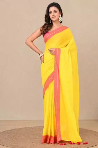 yellow solid mulmul soft saree