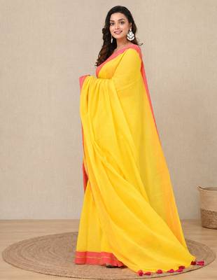yellow solid mulmul soft saree 2