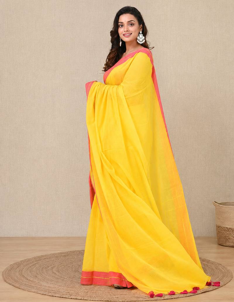 yellow solid mulmul soft saree
