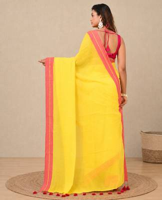 yellow solid mulmul soft saree 3